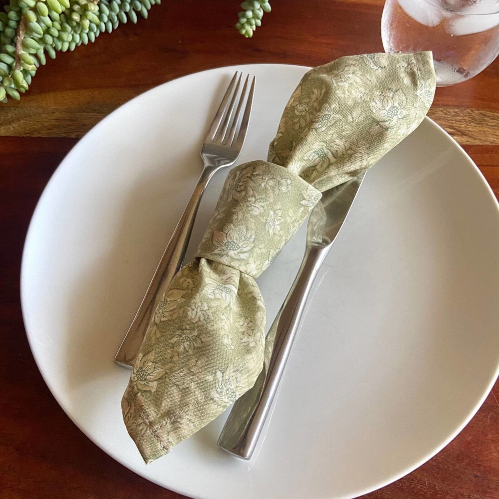 Sage green floral Vintage Print 13inch square cotton napkin